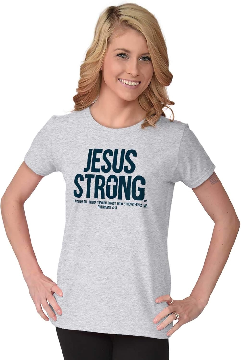 image:imageJesus Strong Philippians 413 Bible Womens Slim Fit Graphic Tee Ash Grey