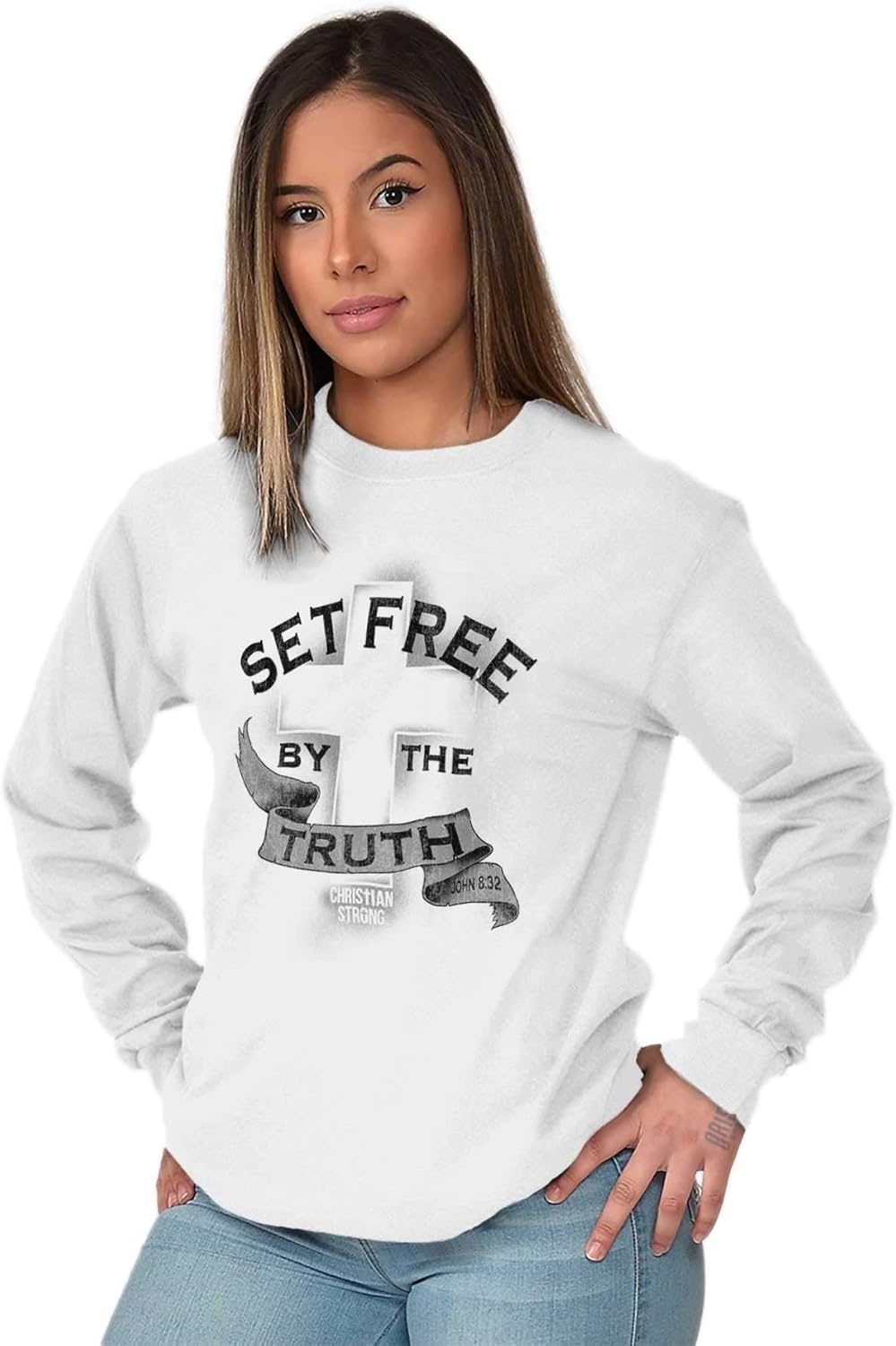 image:imageSet Free by Truth Christian Faith Long Sleeve Tshirt Men WomenWhite