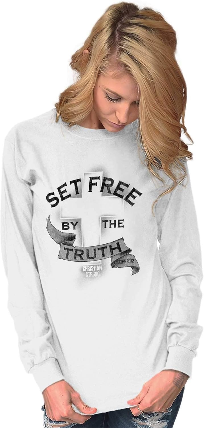 image:imageSet Free by Truth Christian Faith Long Sleeve Tshirt Men WomenWhite
