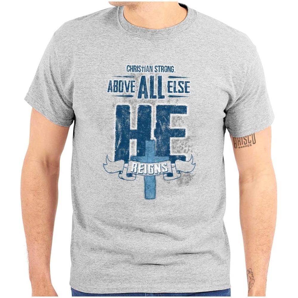 image:imageHe Reigns Above Christian Jesus Faith Mens Graphic T Shirt TeesSport Grey