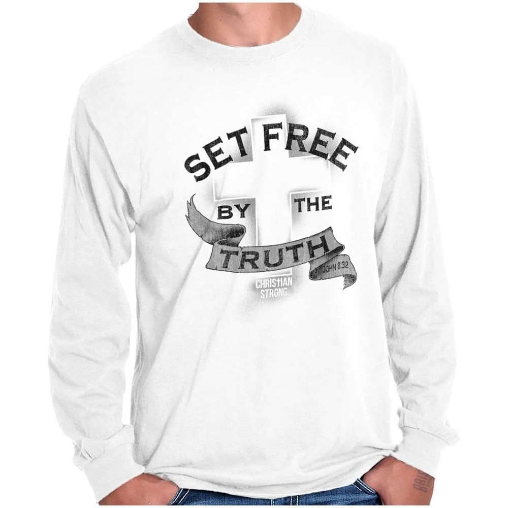 image:imageSet Free by Truth Christian Faith Long Sleeve Tshirt Men WomenWhite