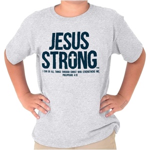 Jesus Strong Philippians 4:13 Bible Crewneck T Shirts Boy Girl(Ash Grey)