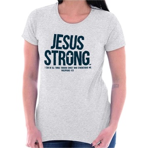 Jesus Strong Philippians 4:13 Bible Womens Slim Fit Graphic Tee Ash Grey