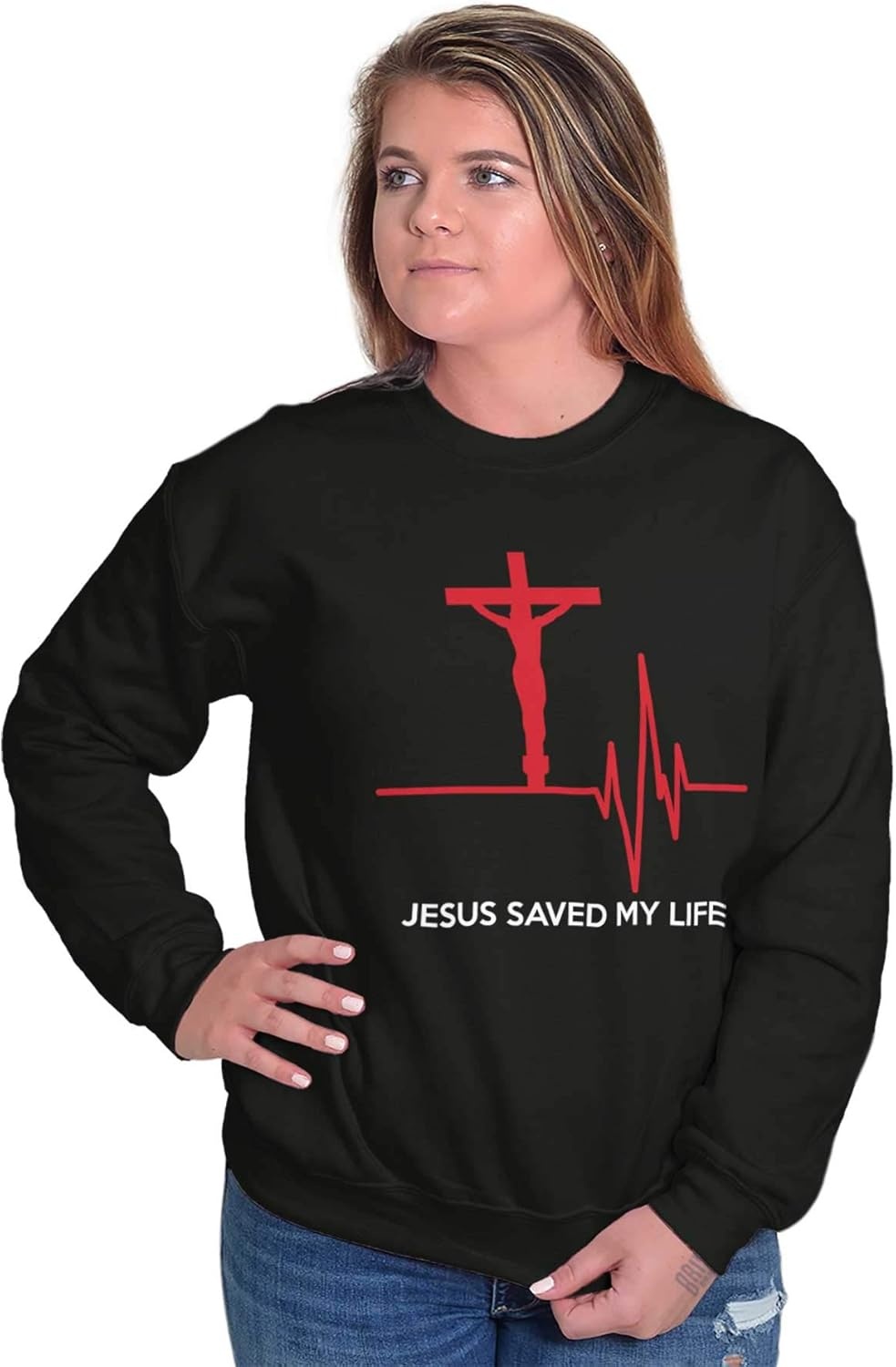 image:imageBrisco Brands Jesus Saved My Life Crucifix Sweatshirt for Men or WomenBlack