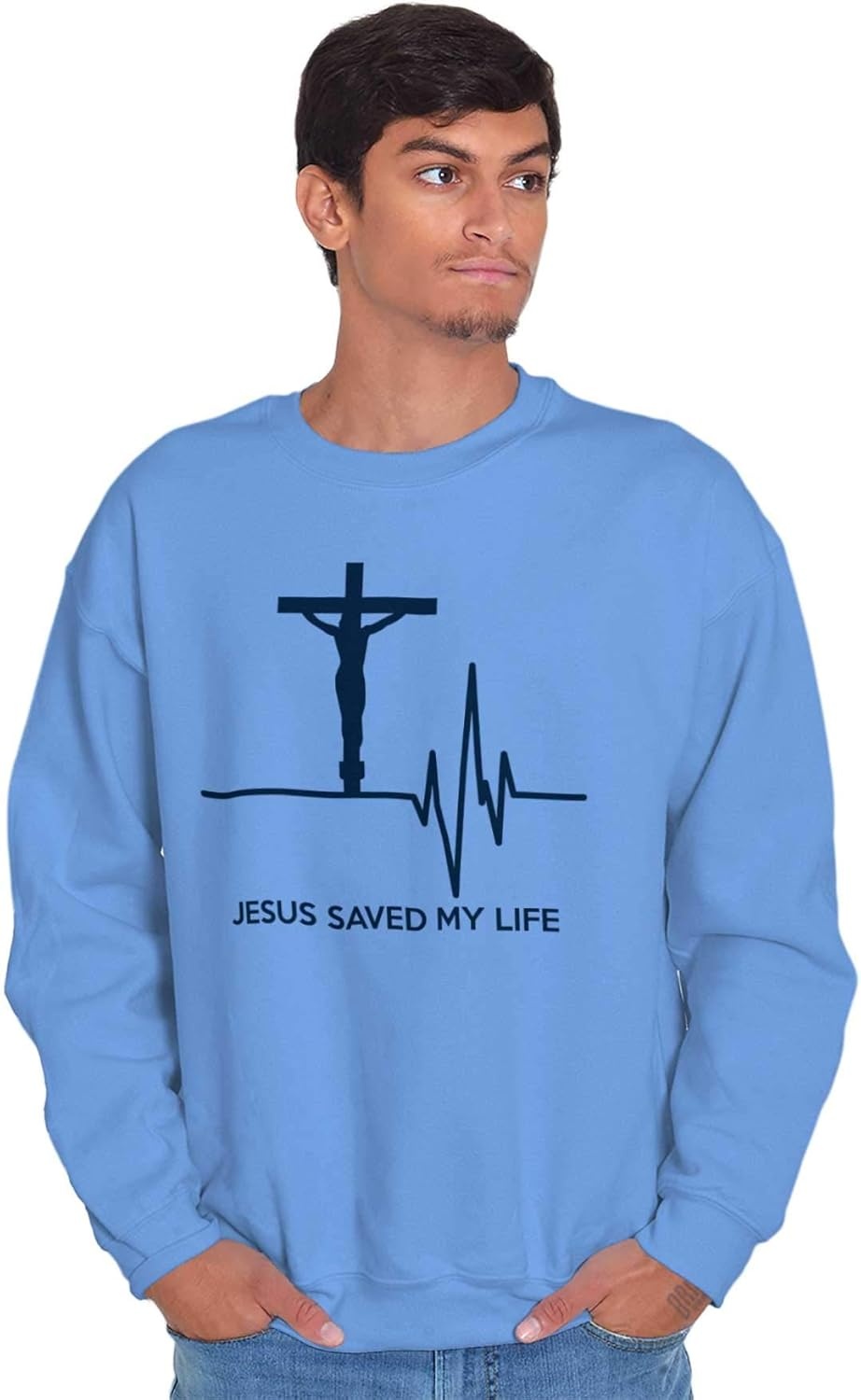 image:imageBrisco Brands Jesus Saved My Life Crucifix Sweatshirt for Men or WomenCarolina Blue
