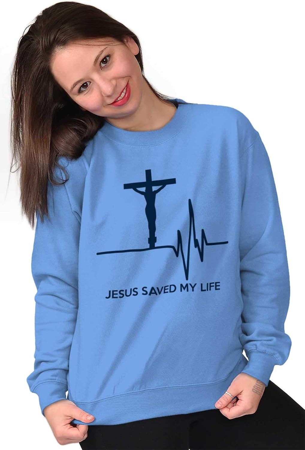 image:imageBrisco Brands Jesus Saved My Life Crucifix Sweatshirt for Men or WomenCarolina Blue