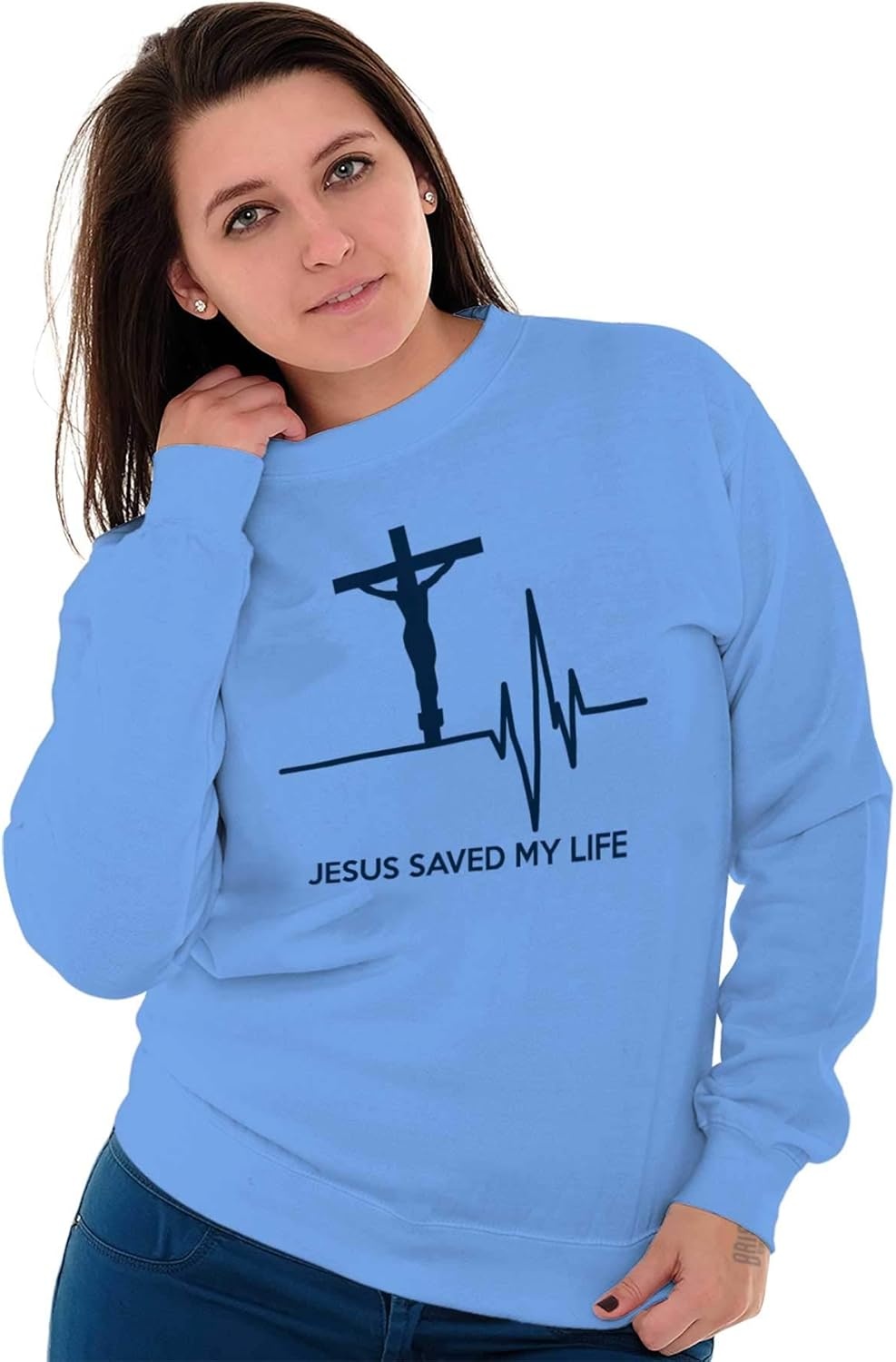 image:imageBrisco Brands Jesus Saved My Life Crucifix Sweatshirt for Men or WomenCarolina Blue