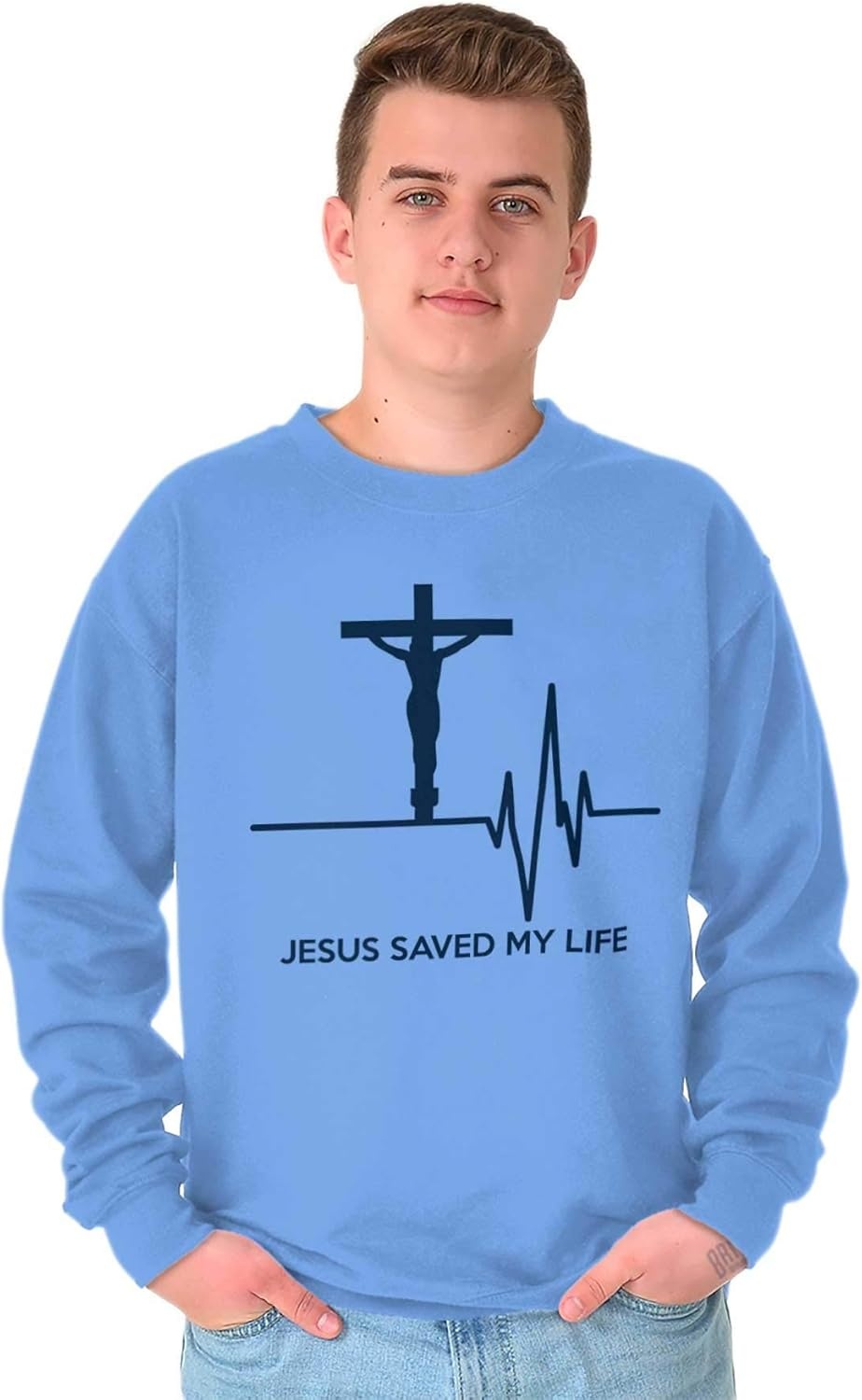 image:imageBrisco Brands Jesus Saved My Life Crucifix Sweatshirt for Men or WomenCarolina Blue