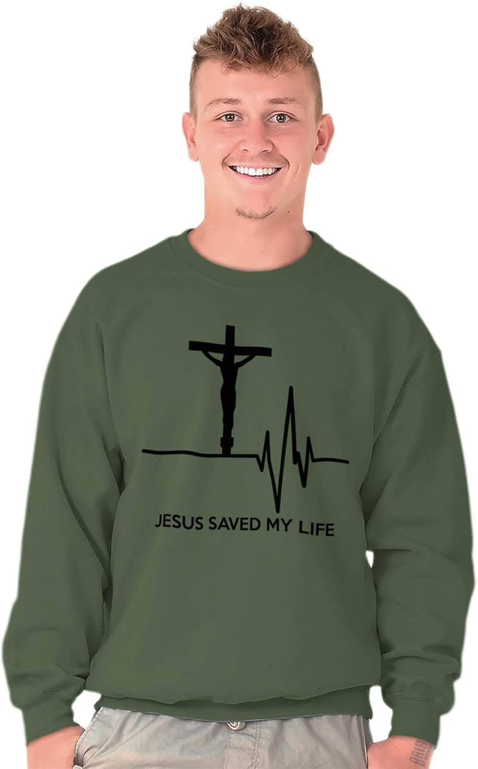 image:imageBrisco Brands Jesus Saved My Life Crucifix Sweatshirt for Men or WomenMilitary Green