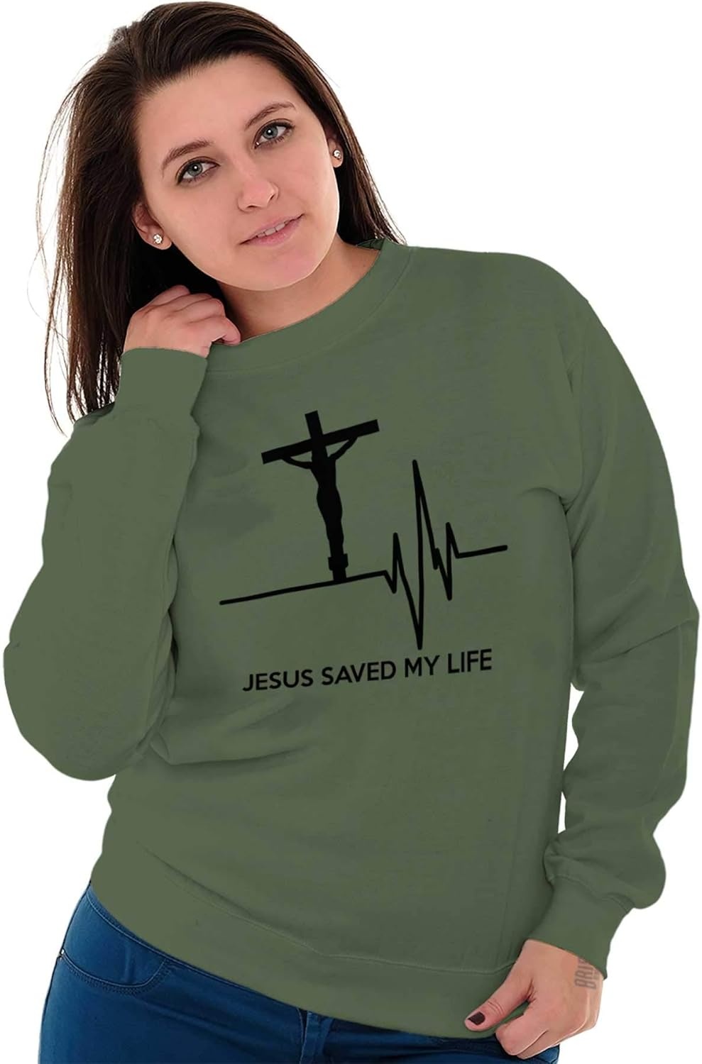 image:imageBrisco Brands Jesus Saved My Life Crucifix Sweatshirt for Men or WomenMilitary Green