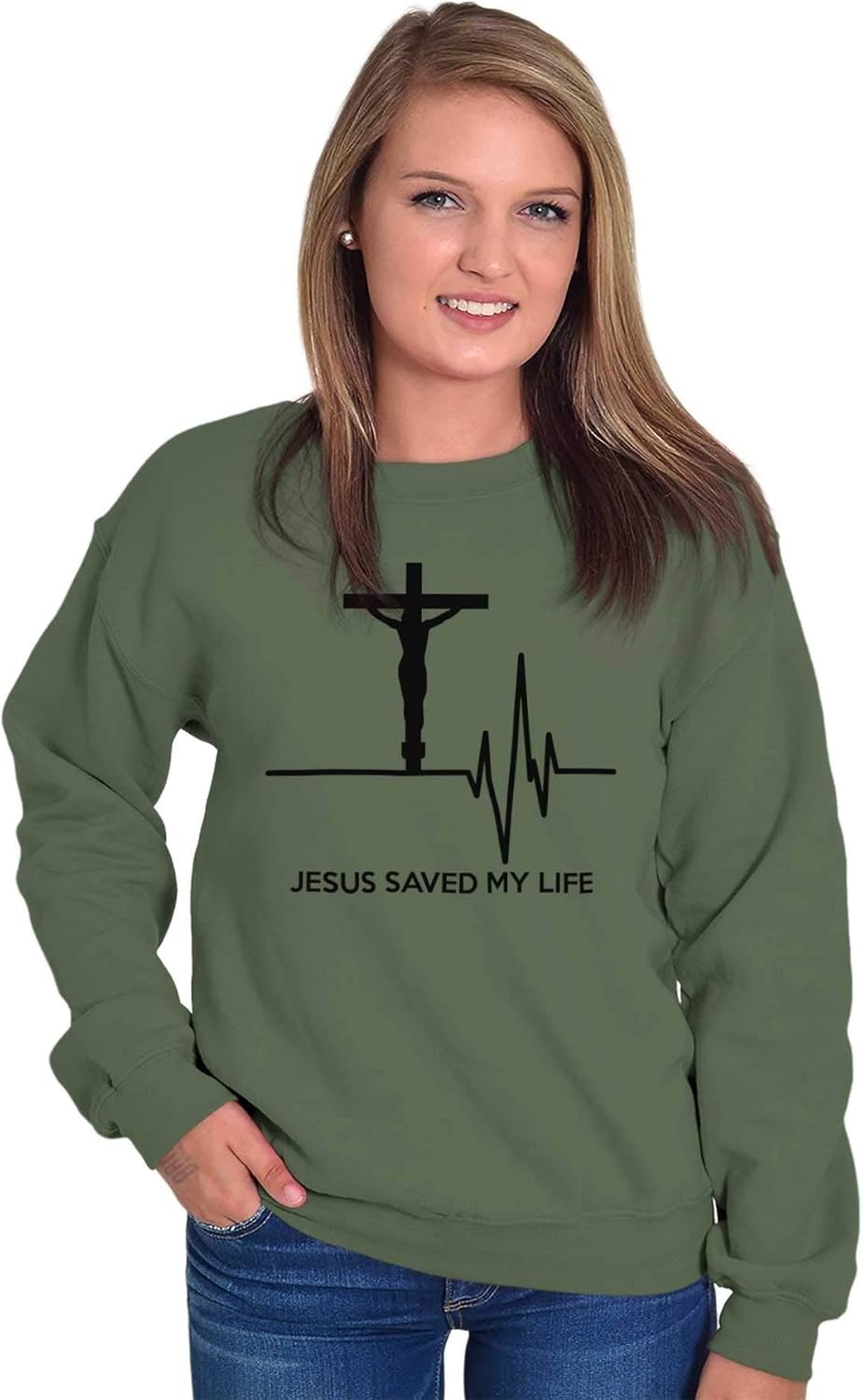 image:imageBrisco Brands Jesus Saved My Life Crucifix Sweatshirt for Men or WomenMilitary Green