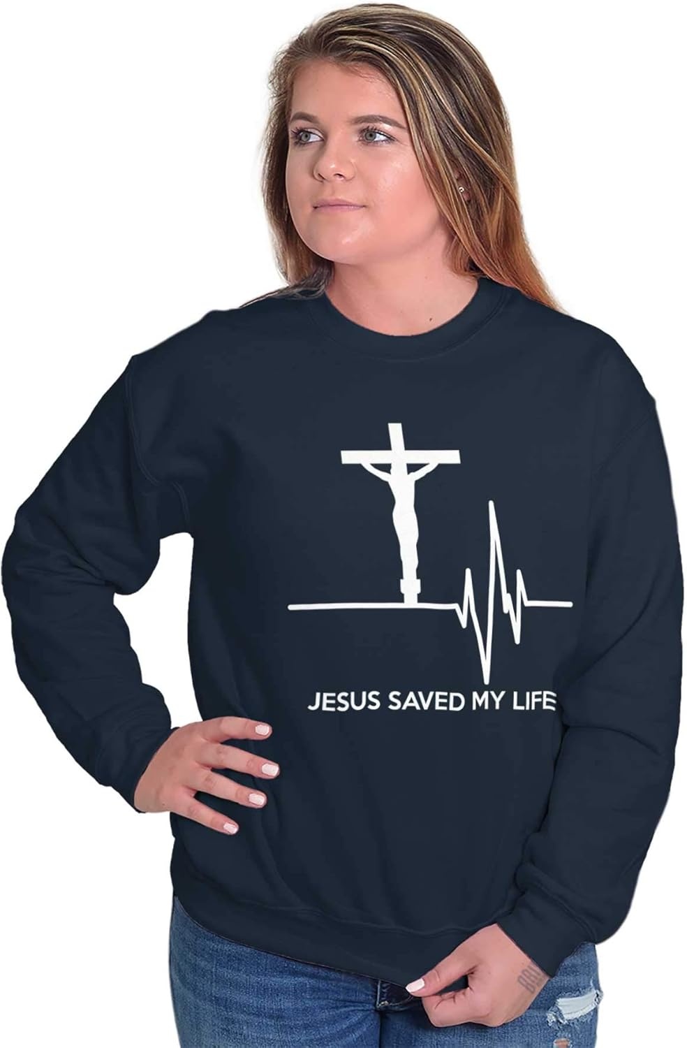 image:imageBrisco Brands Jesus Saved My Life Crucifix Sweatshirt for Men or WomenNavy
