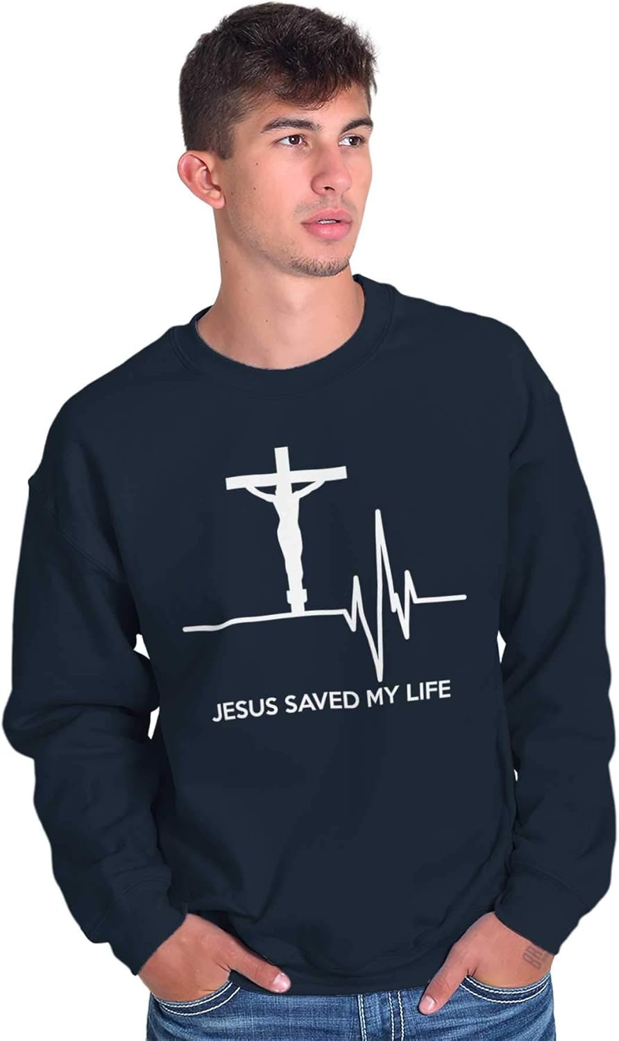 image:imageBrisco Brands Jesus Saved My Life Crucifix Sweatshirt for Men or WomenNavy