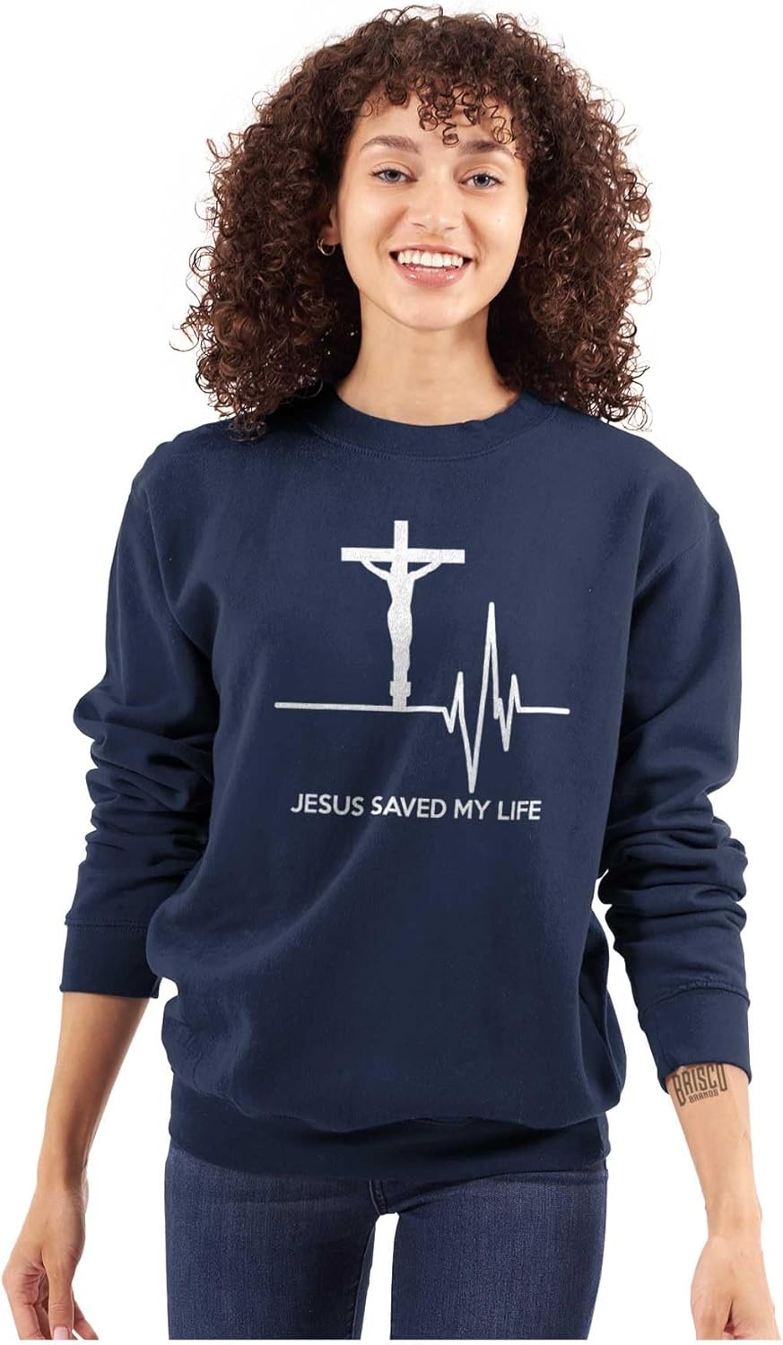 image:imageBrisco Brands Jesus Saved My Life Crucifix Sweatshirt for Men or WomenNavy