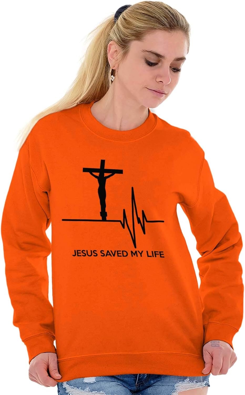 image:imageBrisco Brands Jesus Saved My Life Crucifix Sweatshirt for Men or WomenOrange