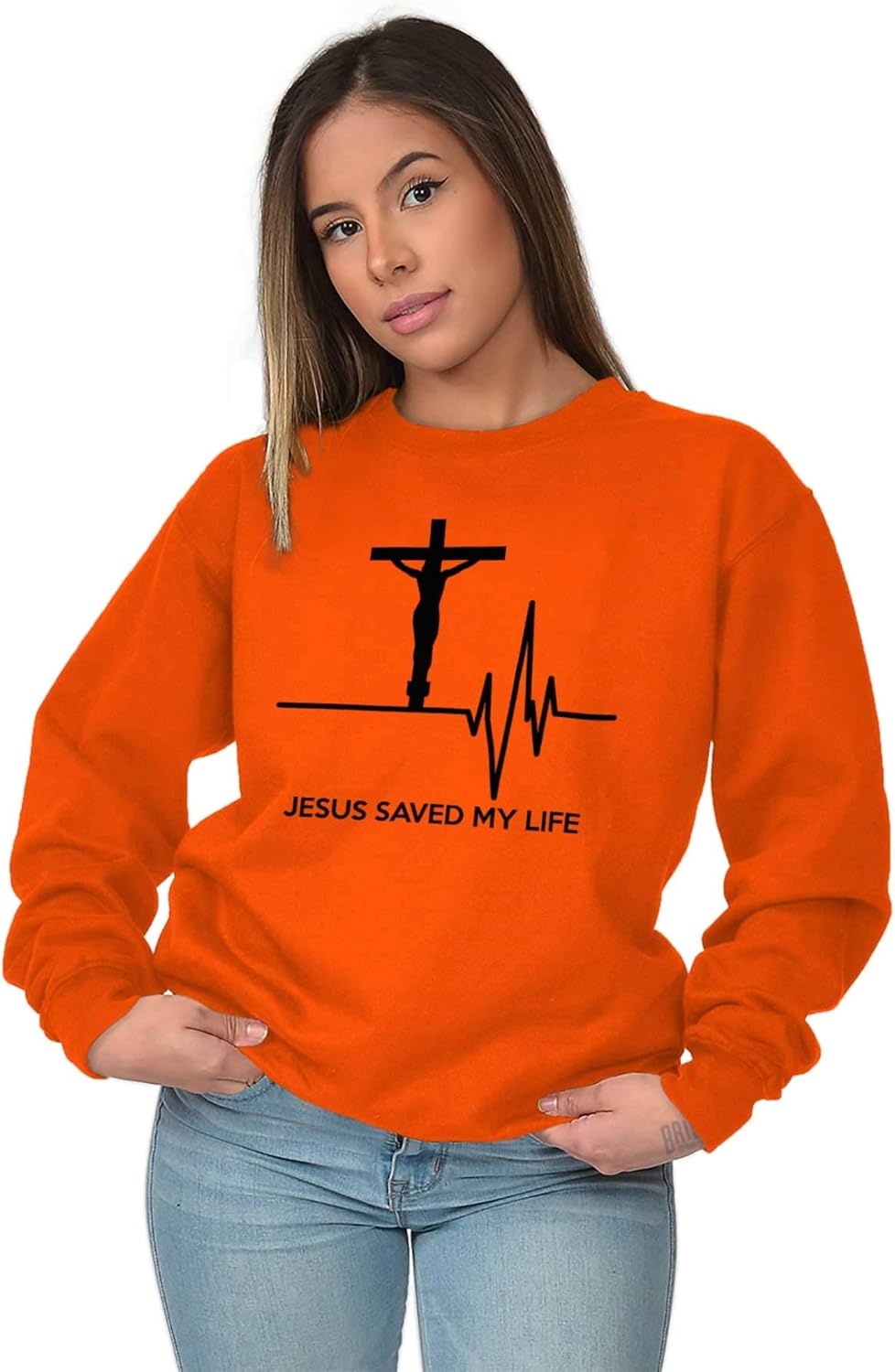 image:imageBrisco Brands Jesus Saved My Life Crucifix Sweatshirt for Men or WomenOrange