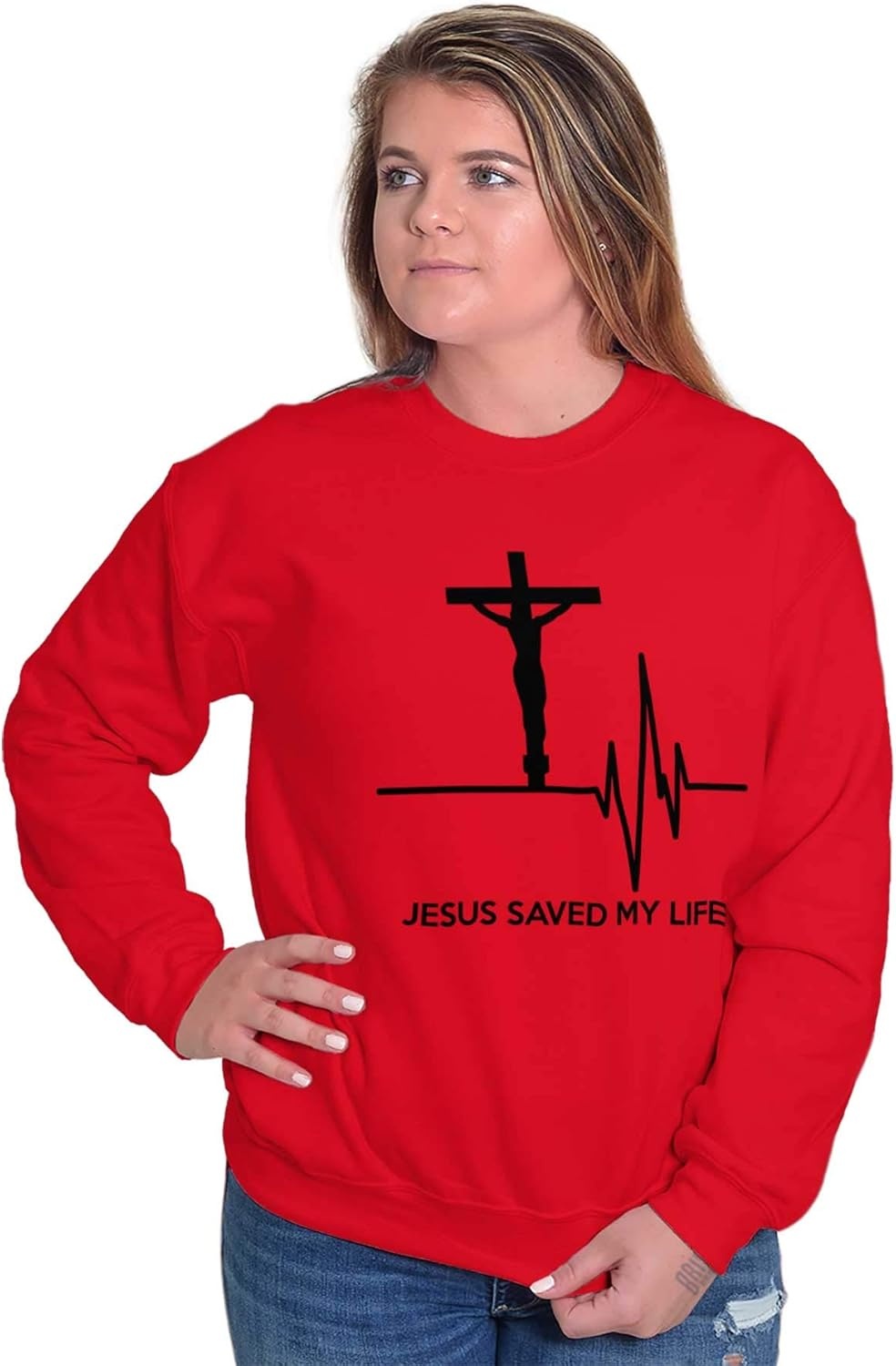 image:imageBrisco Brands Jesus Saved My Life Crucifix Sweatshirt for Men or WomenRed