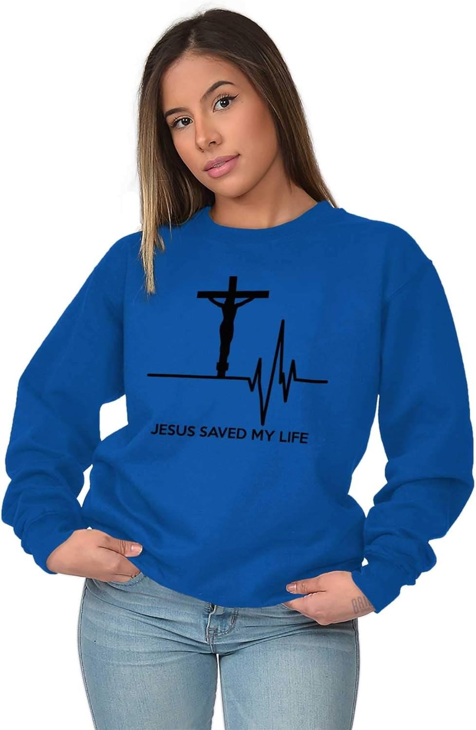 image:imageBrisco Brands Jesus Saved My Life Crucifix Sweatshirt for Men or WomenRoyal