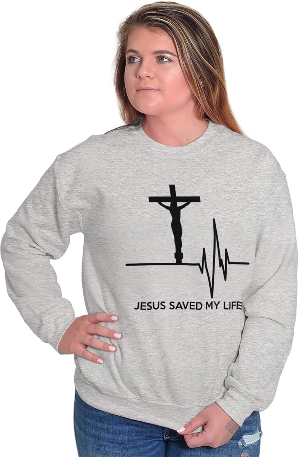 image:imageBrisco Brands Jesus Saved My Life Crucifix Sweatshirt for Men or WomenSport Grey