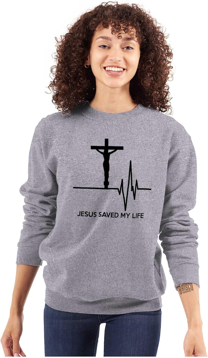 image:imageBrisco Brands Jesus Saved My Life Crucifix Sweatshirt for Men or WomenSport Grey