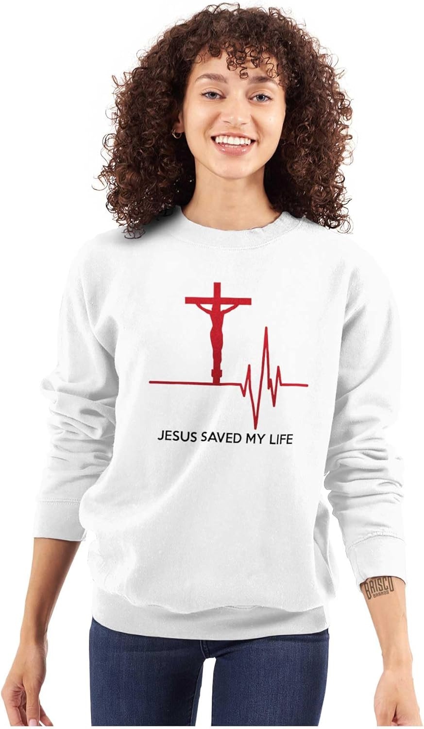 image:imageBrisco Brands Jesus Saved My Life Crucifix Sweatshirt for Men or WomenWhite