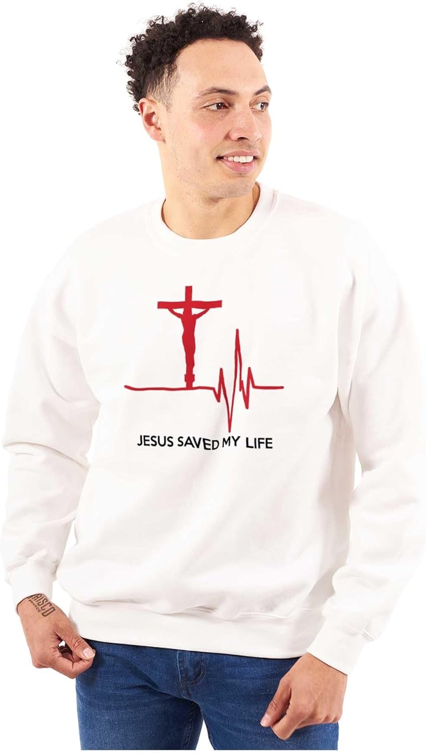 image:imageBrisco Brands Jesus Saved My Life Crucifix Sweatshirt for Men or WomenWhite