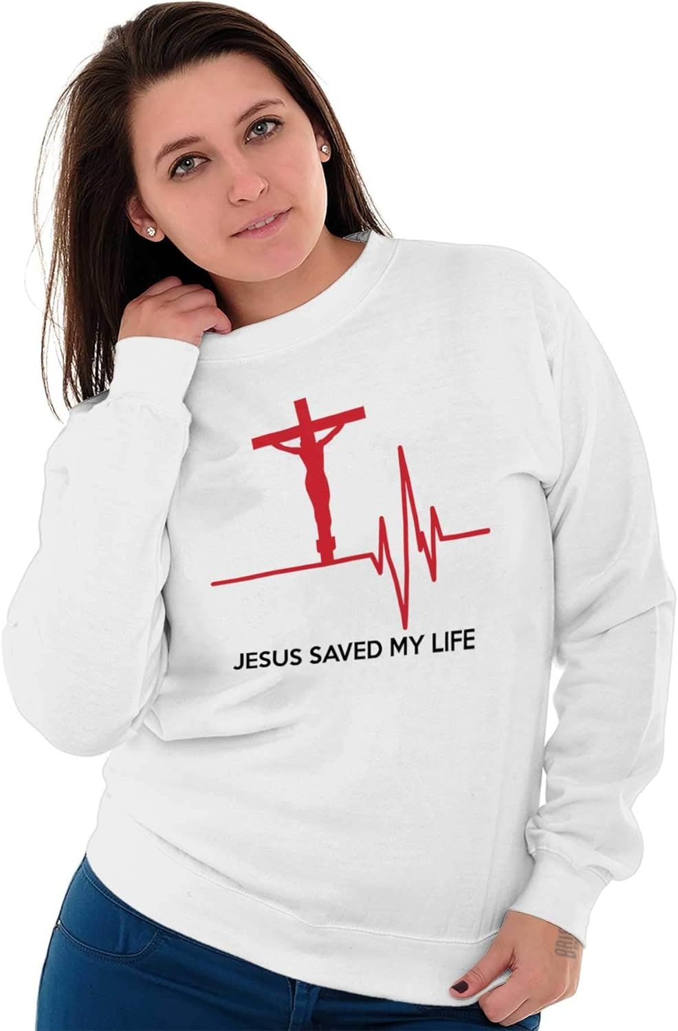 image:imageBrisco Brands Jesus Saved My Life Crucifix Sweatshirt for Men or WomenWhite