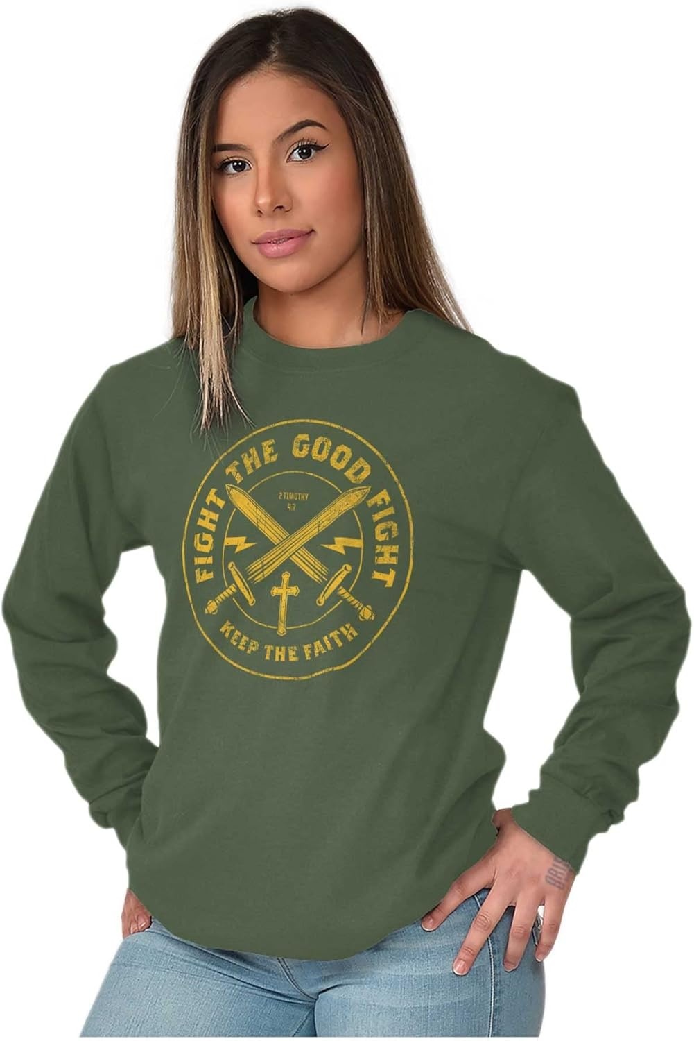 image:imageBrisco Brands Keep Faith Christian Bible Scripture Mens Long Sleeve Tee T ShirtMilitary Green