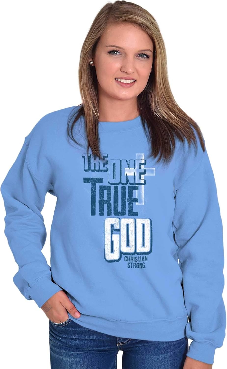 image:imageOne True God Christian Cross Mens Crewneck SweatshirtCarolina Blue