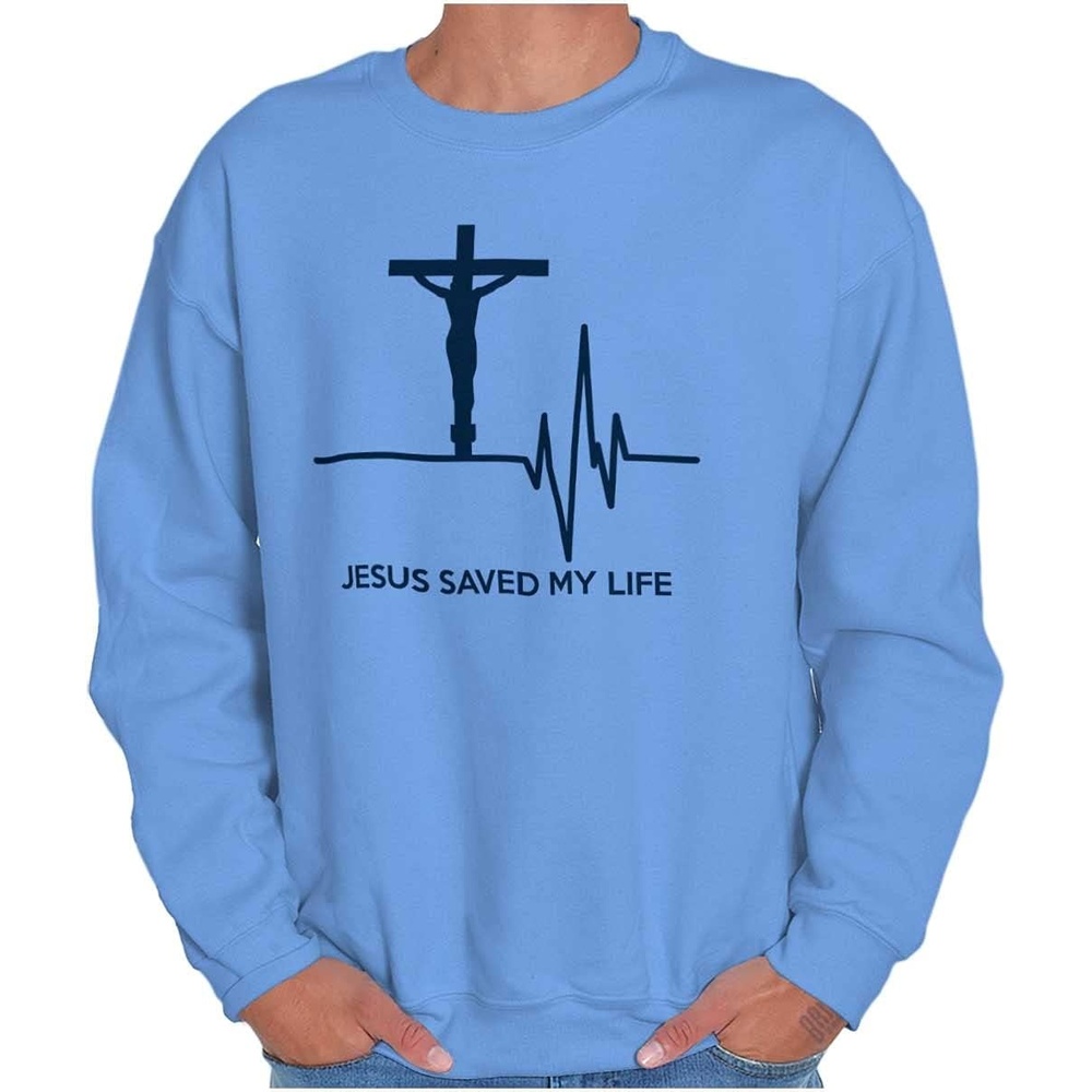 image:imageBrisco Brands Jesus Saved My Life Crucifix Sweatshirt for Men or WomenCarolina Blue