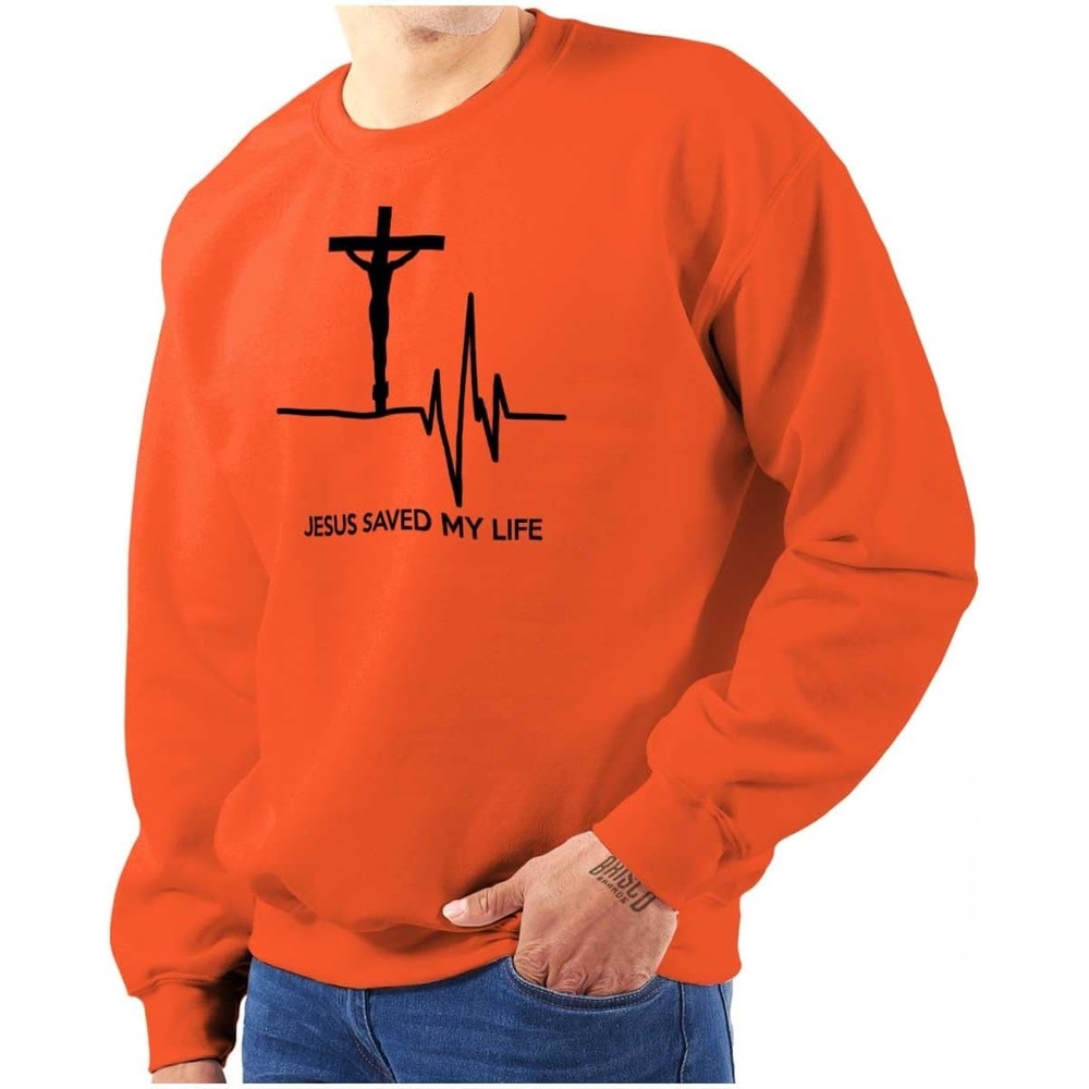 image:imageBrisco Brands Jesus Saved My Life Crucifix Sweatshirt for Men or WomenOrange