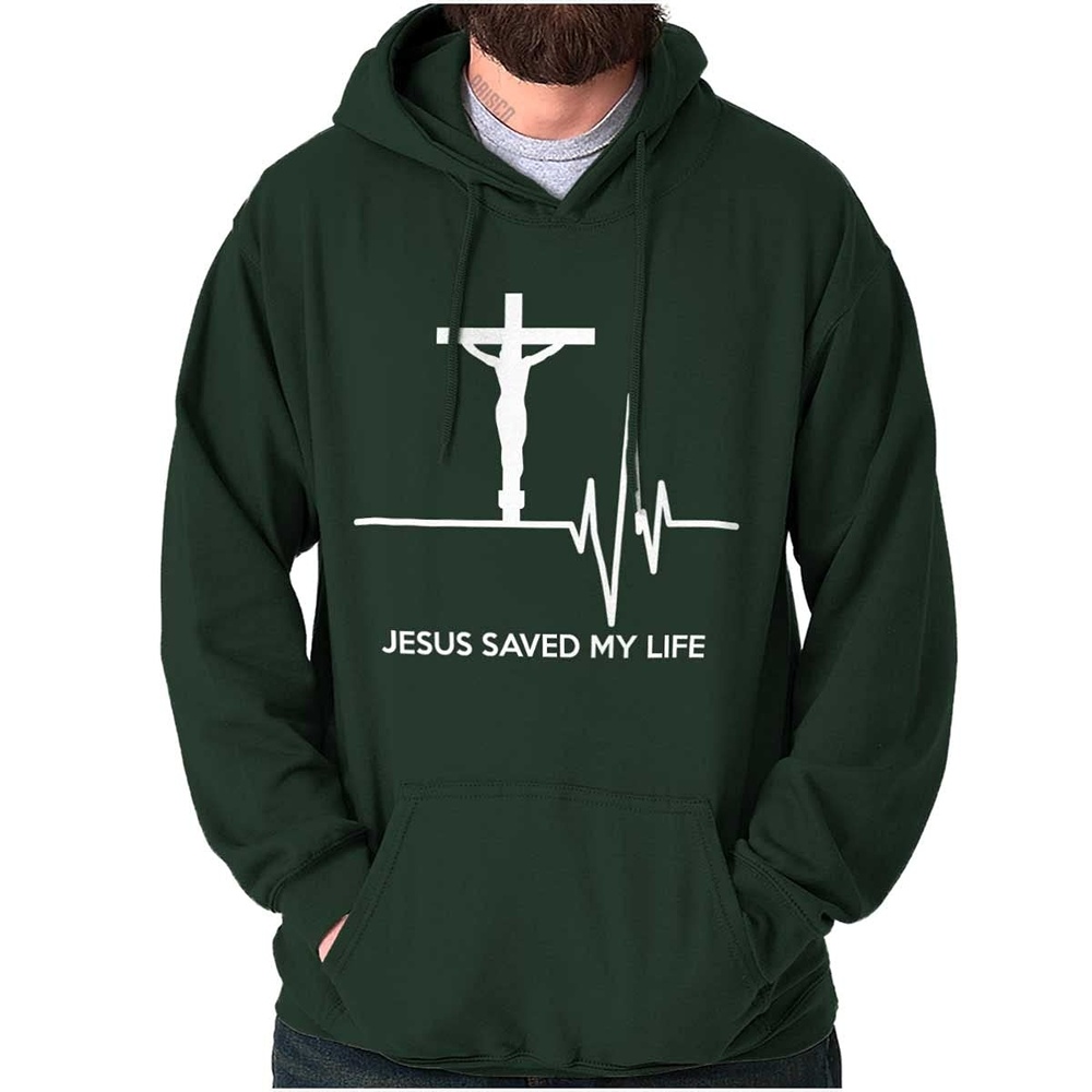 image:imageChristian Strong Jesus Saved My Life Crucifix Hoodie Sweatshirt Women Men Forest Green