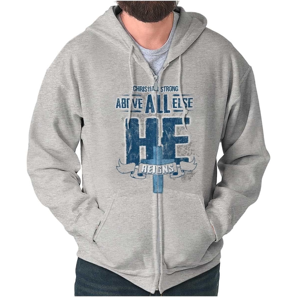image:imageHe Reigns Above Christian Jesus Faith Zip Hoodie Sweatshirt MenSport Grey