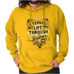 Eternal Life Through Christ Cross Hoodie Hooded Sweatshirt Men Gold