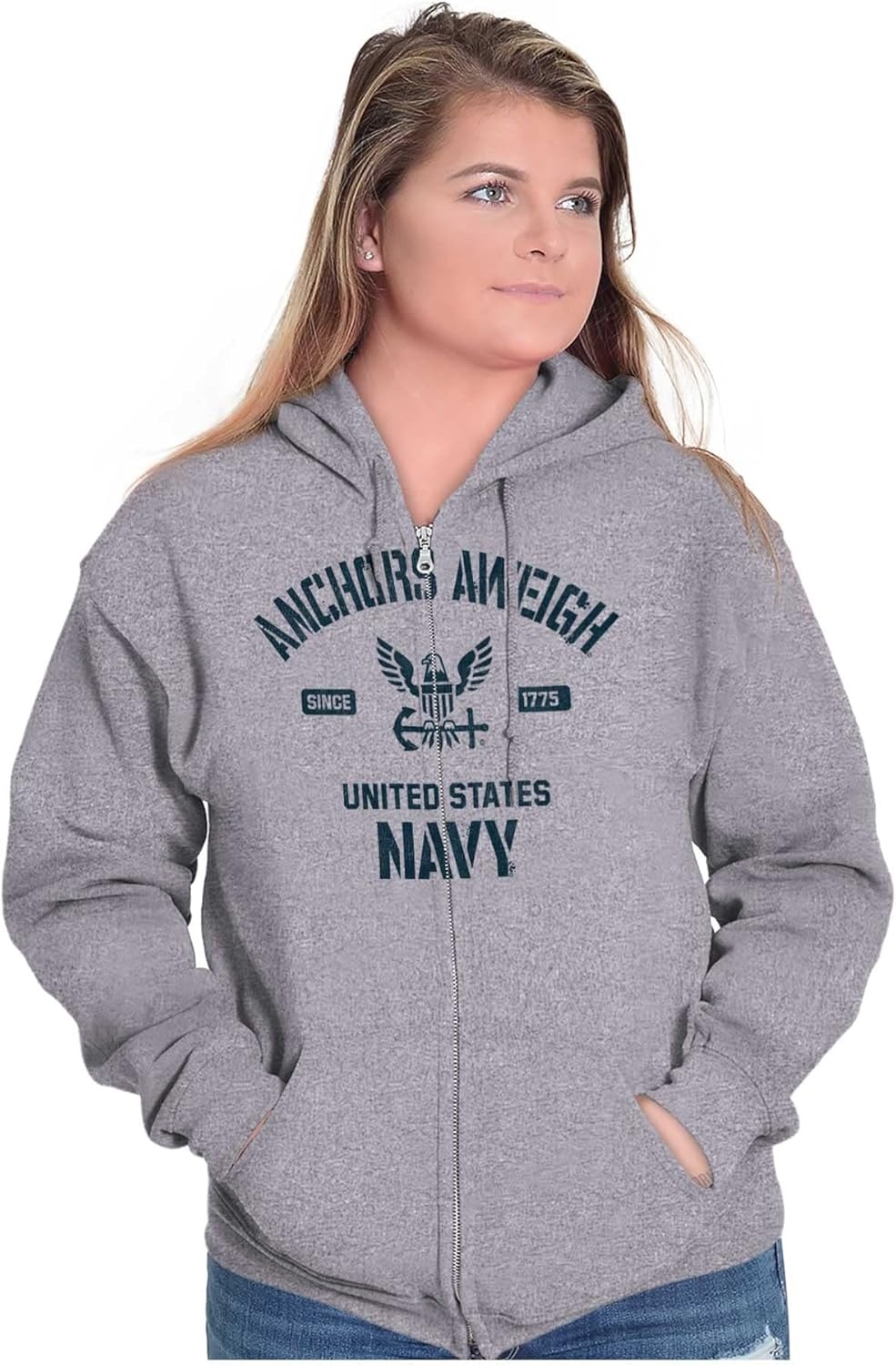 image:imageBrisco Brands Anchors Aweigh United States Navy Zip Up Hoodie Mens WomensSport Grey