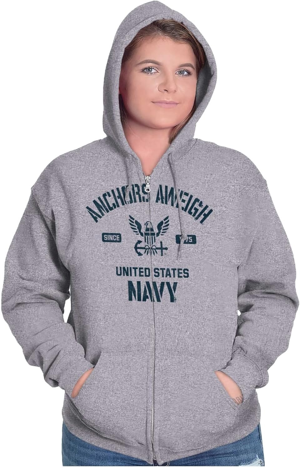 image:imageBrisco Brands Anchors Aweigh United States Navy Zip Up Hoodie Mens WomensSport Grey