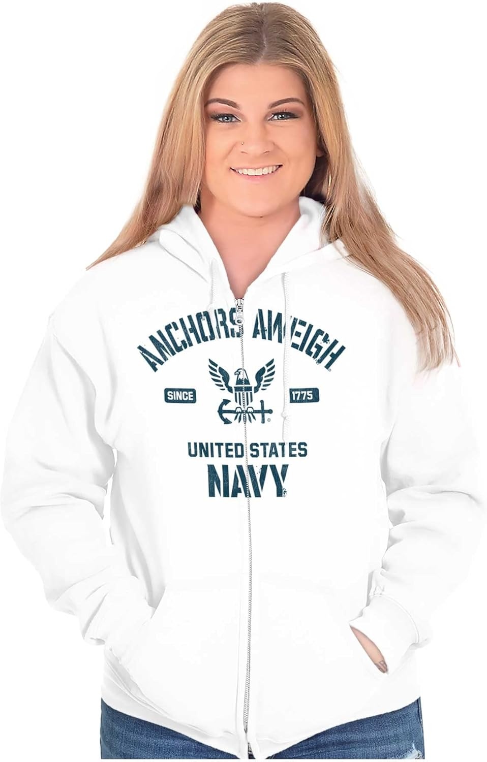 image:imageBrisco Brands Anchors Aweigh United States Navy Zip Up Hoodie Mens WomensWhite