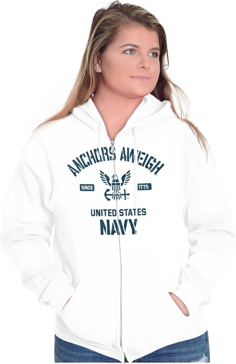 image:imageBrisco Brands Anchors Aweigh United States Navy Zip Up Hoodie Mens WomensWhite