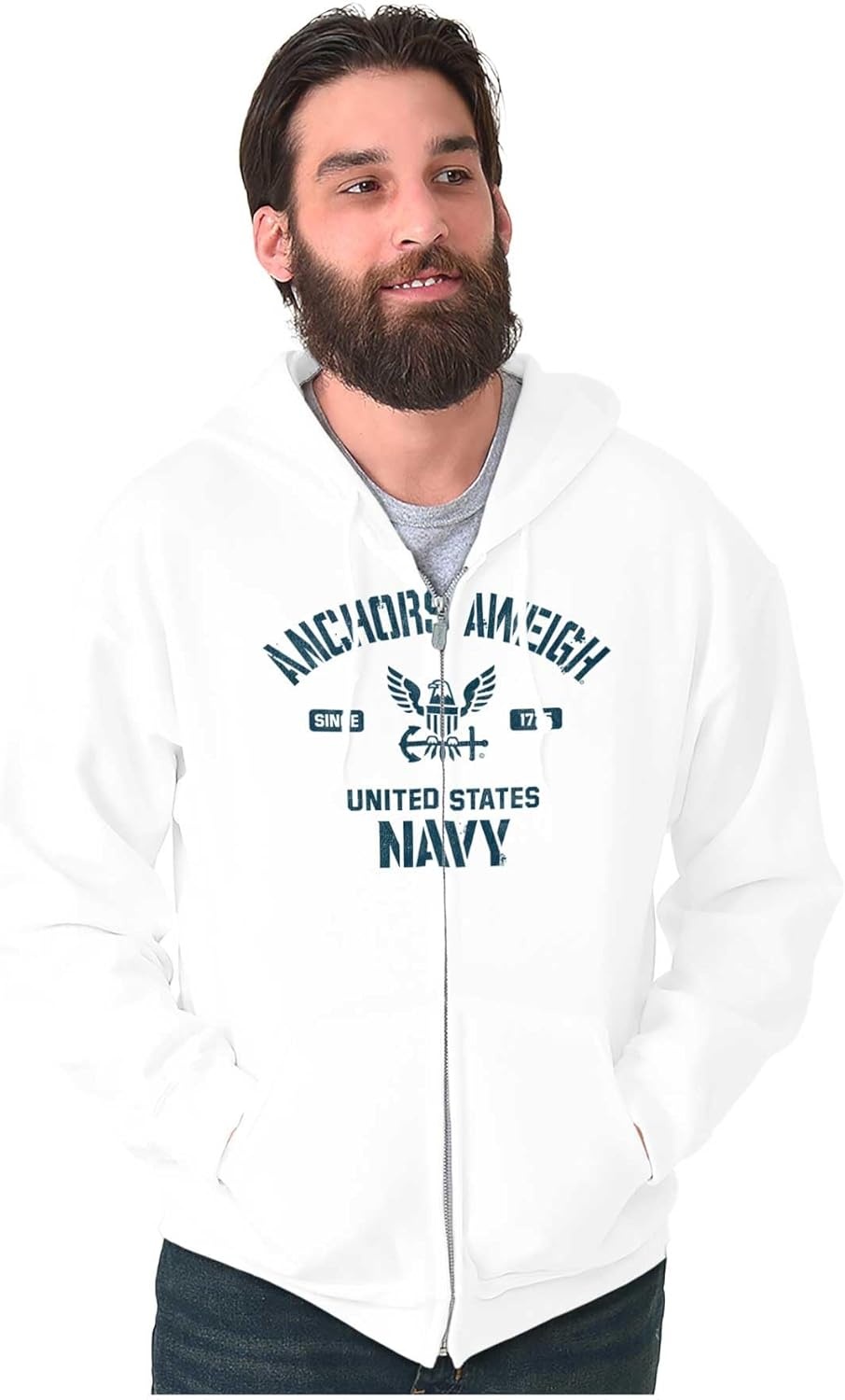 image:imageBrisco Brands Anchors Aweigh United States Navy Zip Up Hoodie Mens WomensWhite