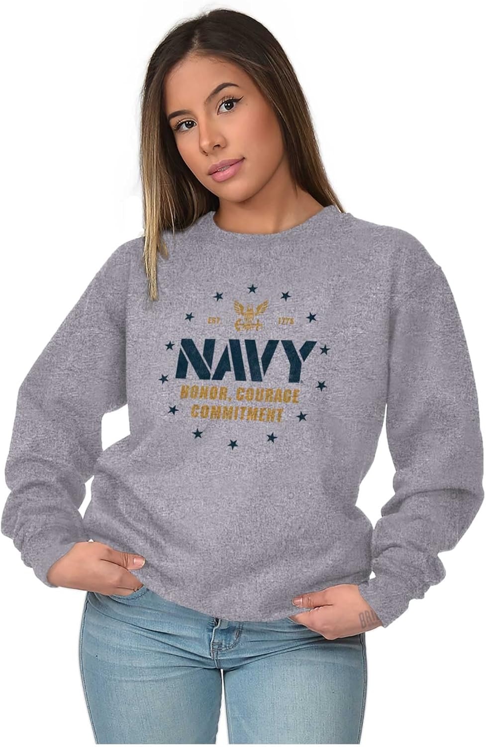 image:imageBrisco Brands Est 1775 Navy Honor Courage Commit Sweatshirt for Men or WomenSport Grey