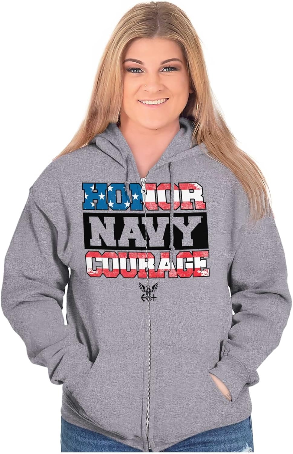 image:imageBrisco Brands Honor Navy Courage American Flag Zip Up Hoodie Mens WomensSport Grey