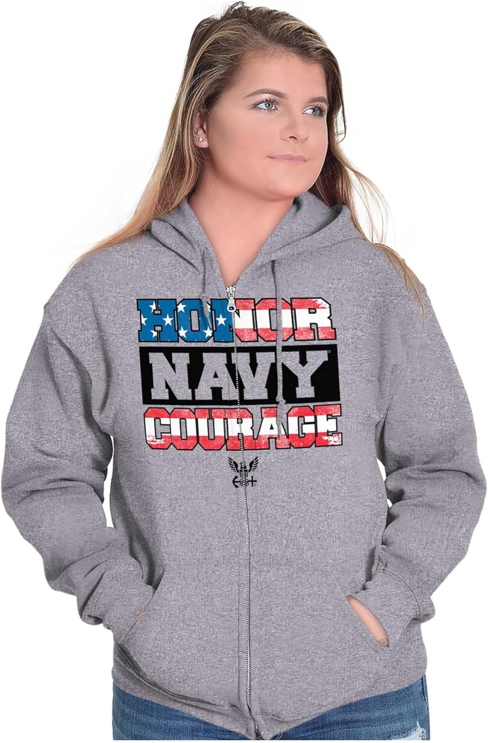 image:imageBrisco Brands Honor Navy Courage American Flag Zip Up Hoodie Mens WomensSport Grey