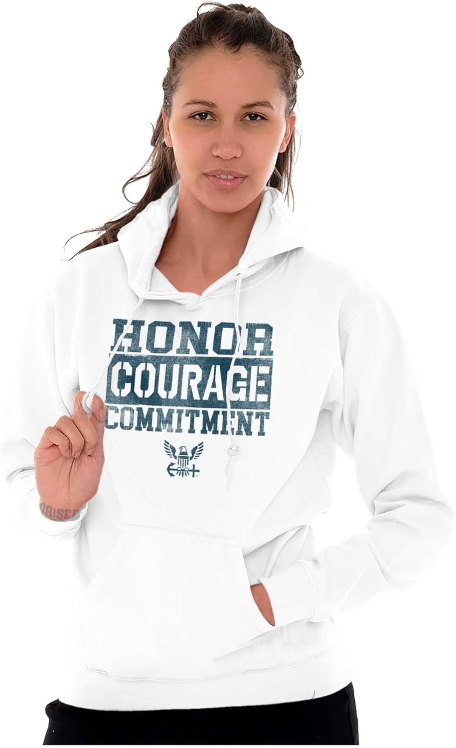 image:imageBrisco Brands Navy Logo Honor Courage Commitment Hoodie Sweatshirt Women MenWhite