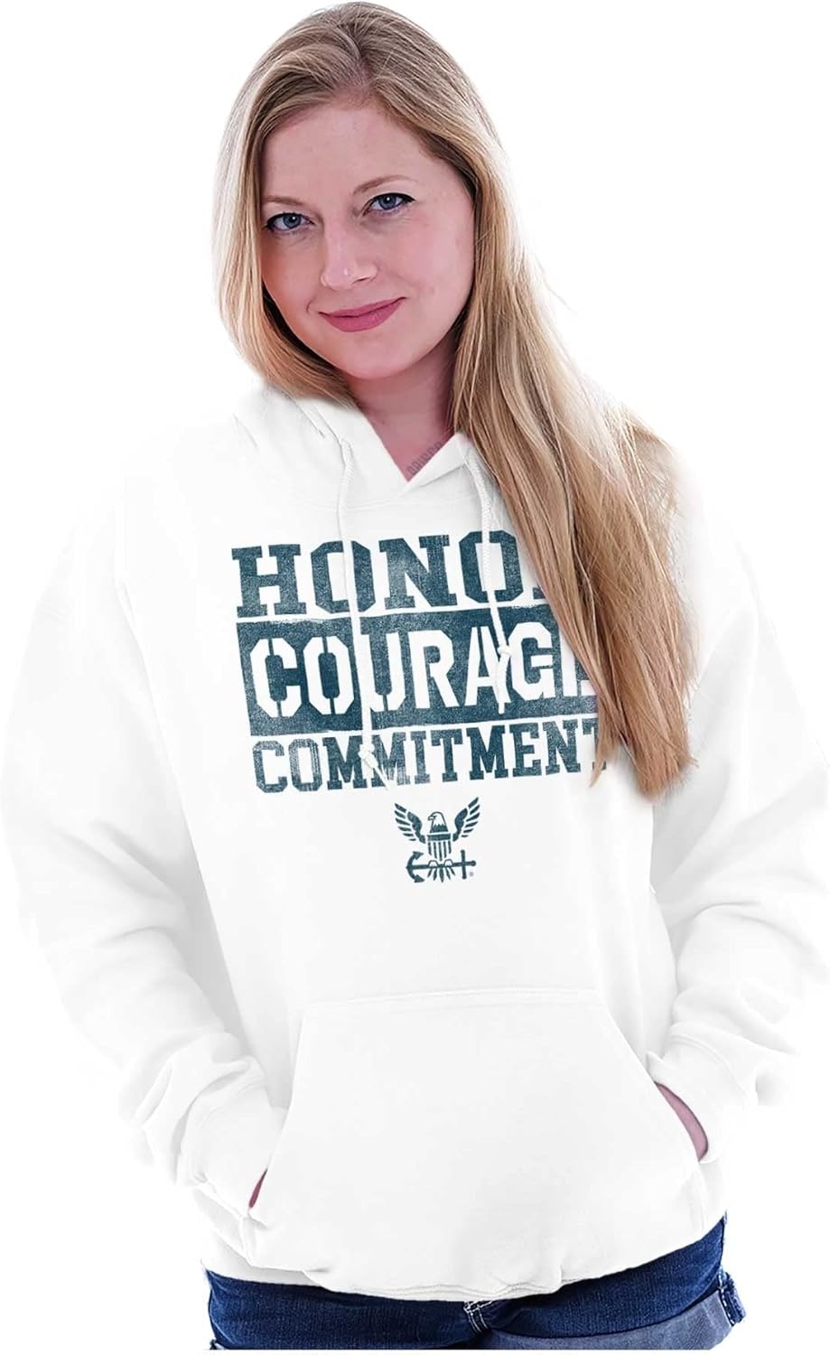 image:imageBrisco Brands Navy Logo Honor Courage Commitment Hoodie Sweatshirt Women MenWhite
