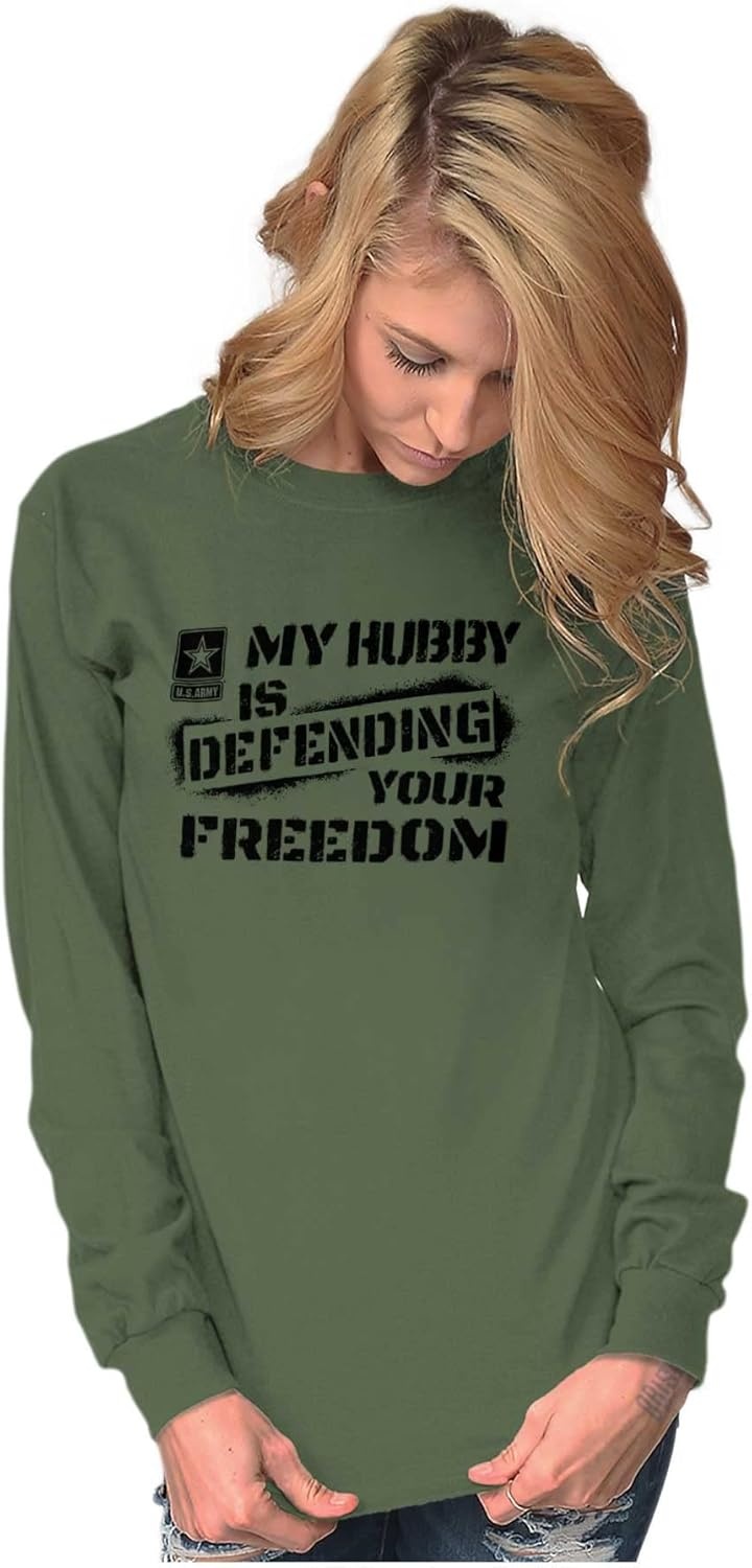 image:imageBrisco Brands US Army My Hubby Defending Freedom Long Sleeve Tshirt Men WomenMilitary Green