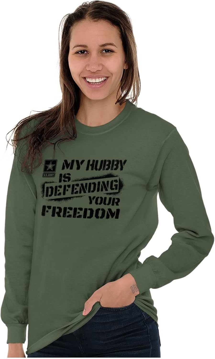 image:imageBrisco Brands US Army My Hubby Defending Freedom Long Sleeve Tshirt Men WomenMilitary Green