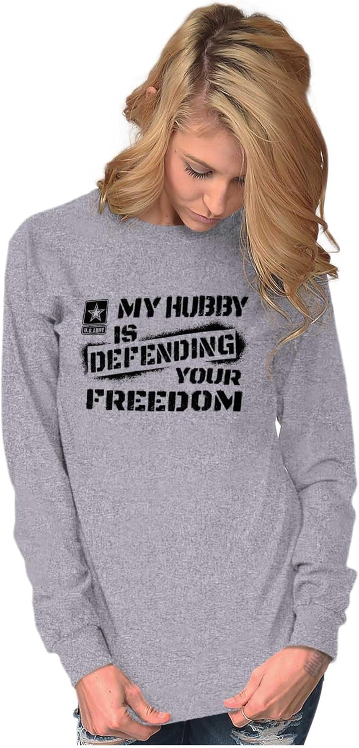 image:imageBrisco Brands US Army My Hubby Defending Freedom Long Sleeve Tshirt Men WomenSport Grey