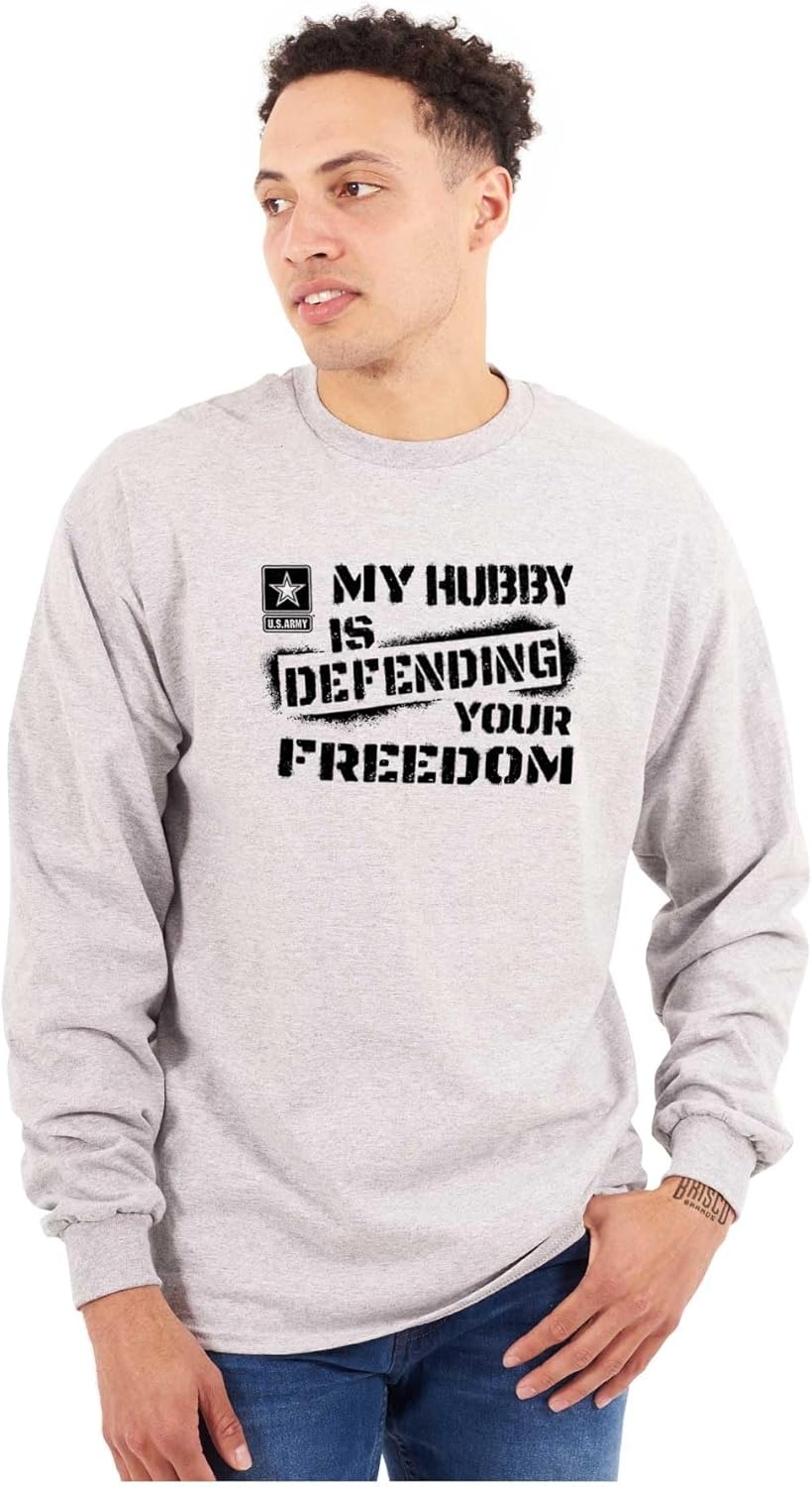 image:imageBrisco Brands US Army My Hubby Defending Freedom Long Sleeve Tshirt Men WomenSport Grey