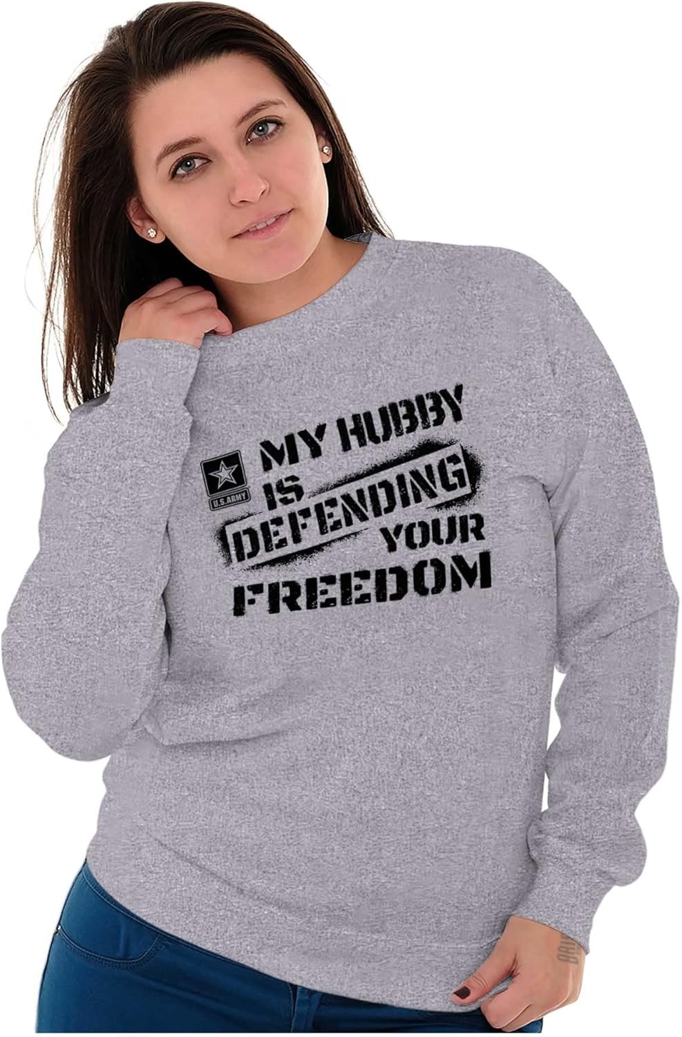 image:imageBrisco Brands US Army My Hubby Defending Freedom Sweatshirt for Men or WomenSport Grey