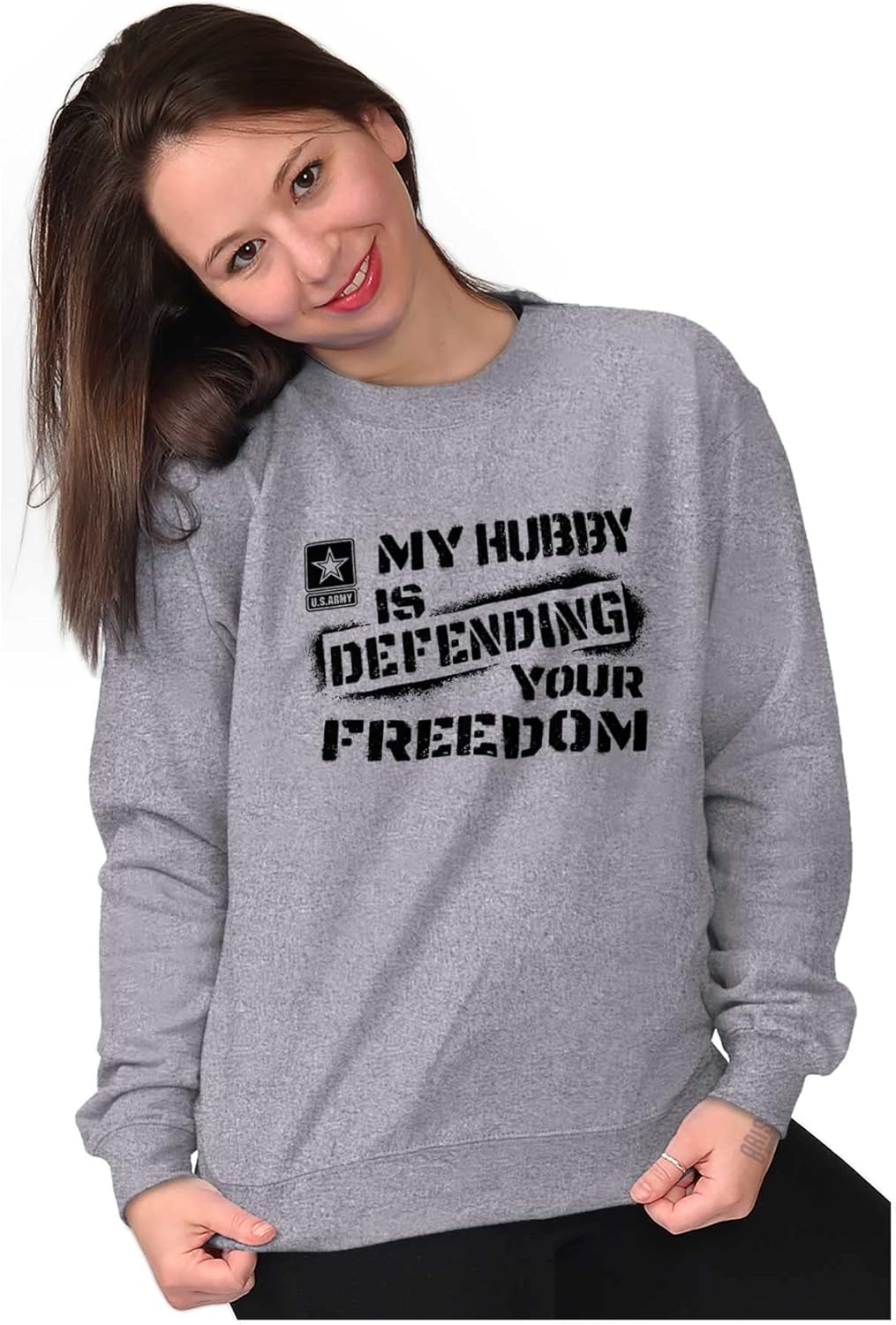 image:imageBrisco Brands US Army My Hubby Defending Freedom Sweatshirt for Men or WomenSport Grey